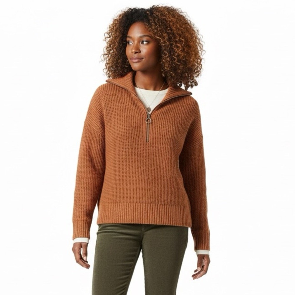 William Rast Quarter Zip Waffle Knit Pullover Sweater Orange Casual Size S